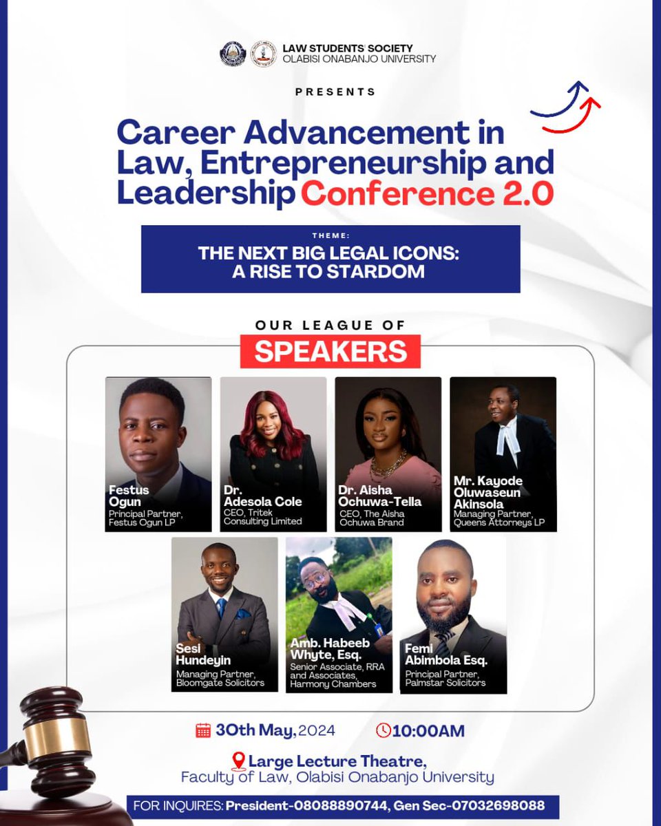 The Leadership of the Law Students' Society presents its second edition of it's career Conference titled 'CAREER ADVANCEMENT IN LAW, ENTREPRENEURSHIP, AND LEADERSHIP CONFERENCE 2.0.'

`🚀 Theme: THE NEXT BIG LEGAL ICONS: A RISE TO STARDOM`🌟🌟

#OOULAWSS
#CareerAdvancement