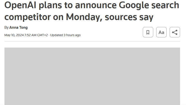 Annonce prévisible ce lundi du lancement par #OpenAI d'un moteur de recherche concurrent de #GoogleSearch > reuters.com/technology/ope… (selon Reuters) #ChatGPT #GenAI #IAGenerative