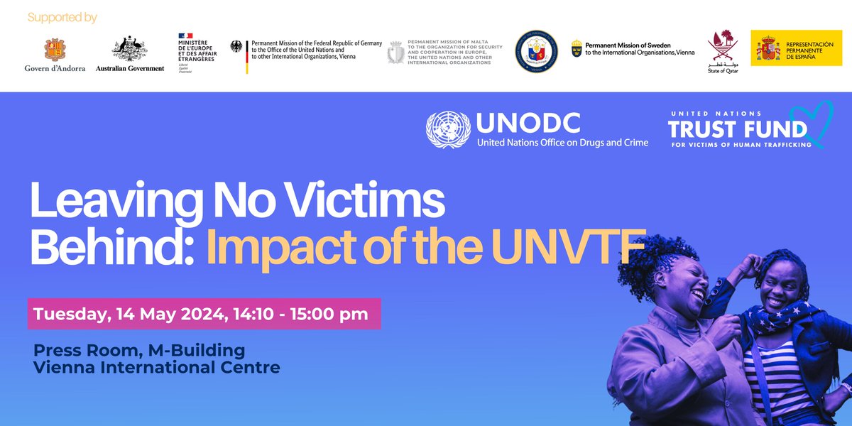 Are you attending #CCPCJ33 next week? Join our side event 'Leaving No Victims Behind: Impact of the #UNVTF' and meet our newly @UN SG appointed board! 🗓️Tuesday, 14 May 2024 🕑2:10 - 3:00 pm CEST 📍Press Room, M-Building, VIC