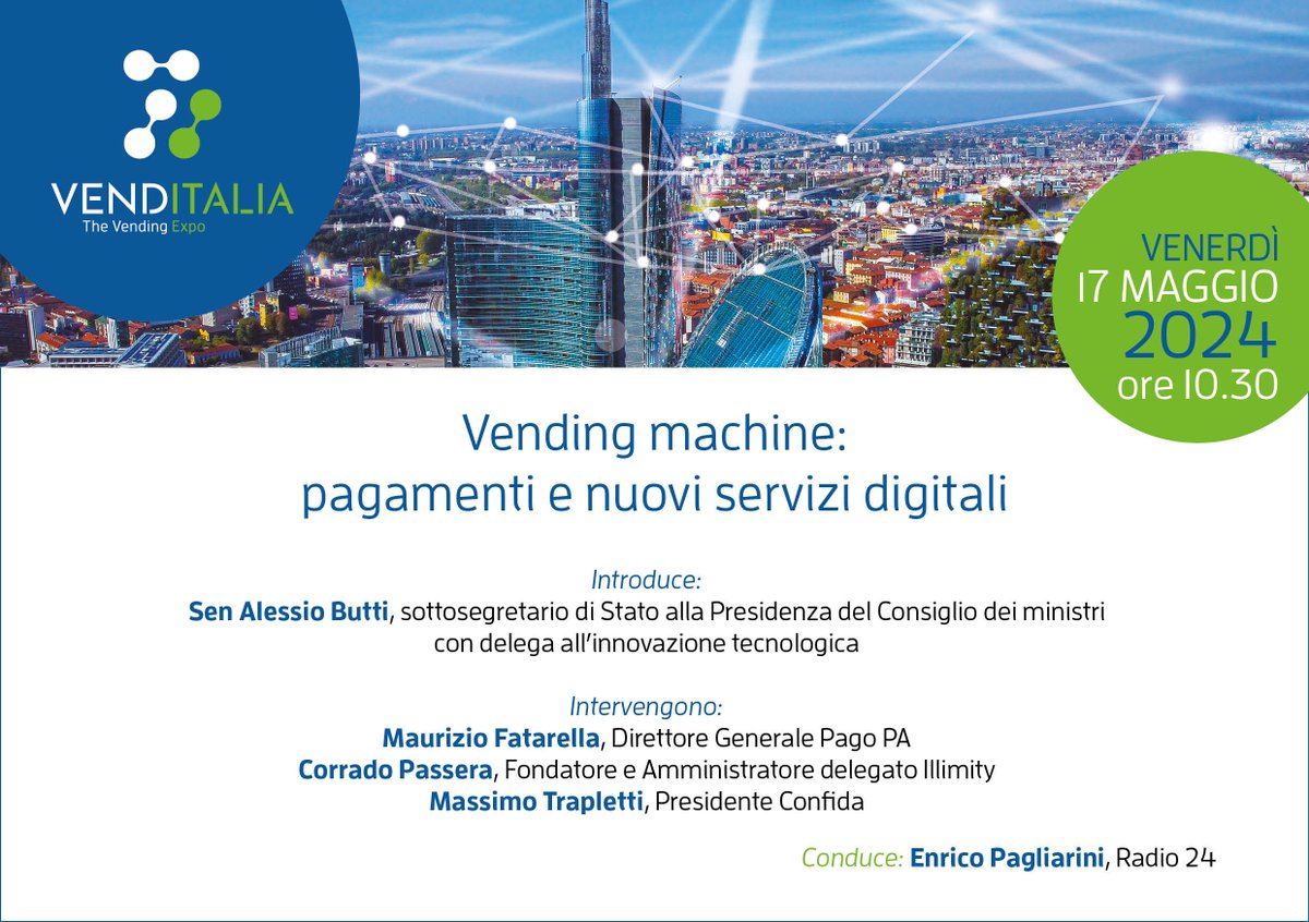 Venerdì 17 maggio alle 10.30 a Venditalia, nell’area convegni “Venditalia Talks” (Venditalia, Fieramilano Rho, Padiglione 8), si terrà un workshop dedicato ai pagamenti e ai nuovi servizi digitali delle vending machine.
#distribuzioneautomatica #distributoriautomatici #vending