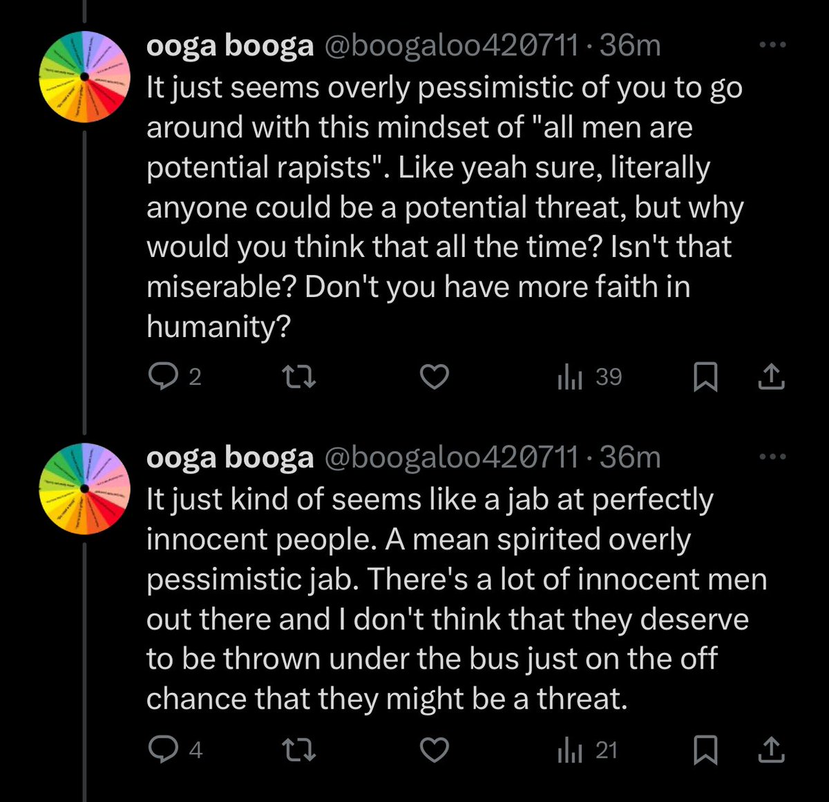 I am so deeply, incredibly tired of men who think women are “mean spirited” for worrying about rape, and who take our desire for safety as a personal attack. This man thinks that women are “throwing men under the bus” if we’re even wary of strange men. In his mind, it’s more…
