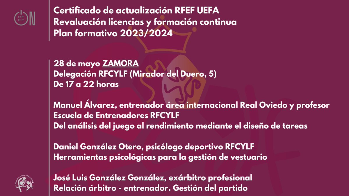 📝Próximas jornadas de formación continua 2024 para Entrenadores @FCyLF en Ponferrada, Palencia, Salamanca y Zamora ✅

¡¡ Inscríbete ya de manera gratuita y actualízate @EntrenadorRFEF 😉 !!

👉🏼rfcylf.es/pnfg/NNws_ShwN…