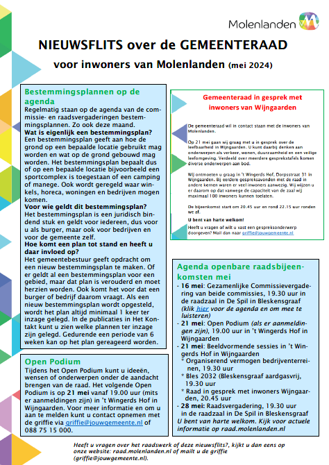 De nieuwsflits voor inwoners (mei '24) is beschikbaar. Lees via is.gd/Lmeujs meer over de (onderwerpen) van de vergaderingen in mei. En wat is eigenlijk een bestemmingsplan?