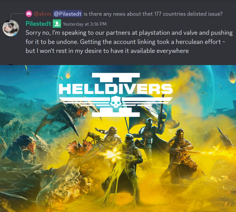 Helldivers 2, Sony'nin geri adım atmasından sonra 177 ülkede hala erişebilir değil.

🔻Arrowhead Games ekibi PlayStation ve Valve ile hala görüştüğünü söyledi.