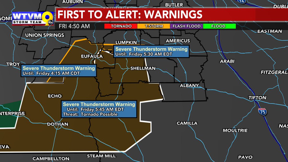 FRI. 4:50 AM ET: Severe thunderstorm warning now includes southern Stewart, Clay, Quitman and Randolph Counties in addition to Barbour. Pockets of damaging winds are the main threats. #wtvmwx #gawx #alwx