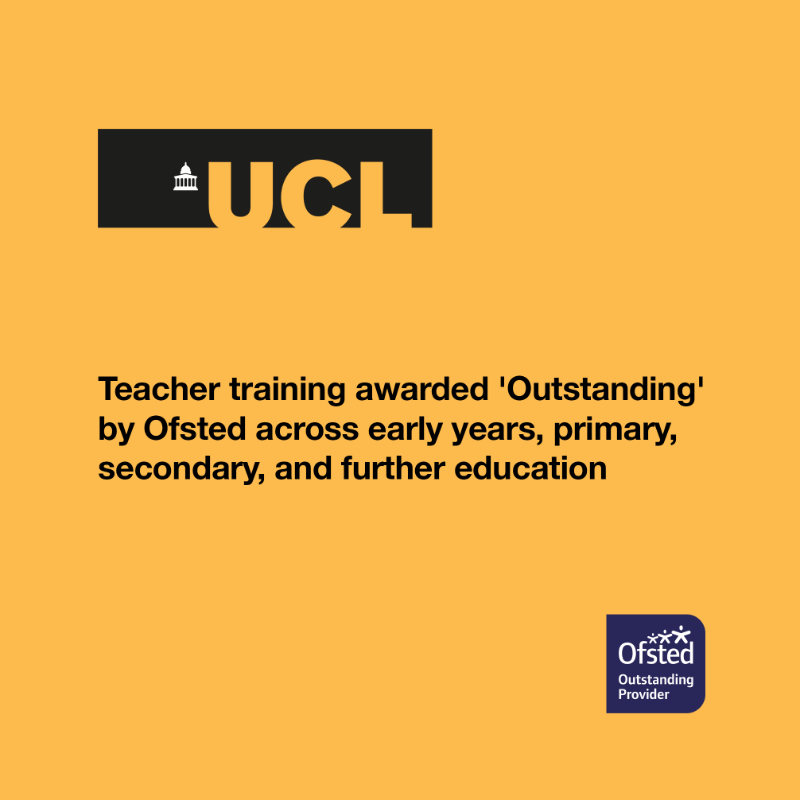 IOE_London's tweet photo. Teacher training at @UCL has been awarded 'Outstanding' across all four phases - early years, primary, secondary and further education phases.

Newly qualified teachers leave "exceptionally well prepared to both enjoy and sustain a career in teaching", says @Ofstednews’s report.