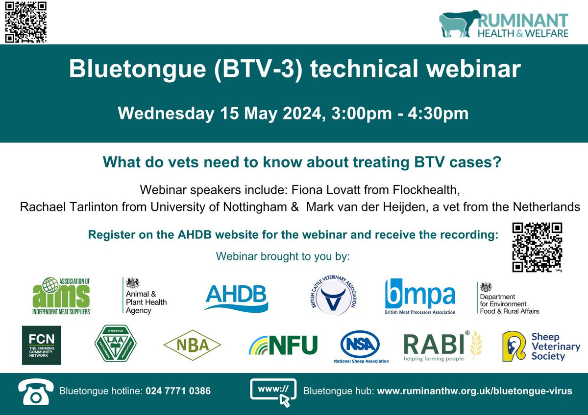 You can now sign up for the next #BTV3 technical webinar on 15 May from 3 to 4:30pm for an update on what vets need to know about treating #bluetongue. The session speakers include @FlockHealth @RTarlinton & Mark van der Heijden. Register here: bit.ly/49XdeVi @ruminanthw