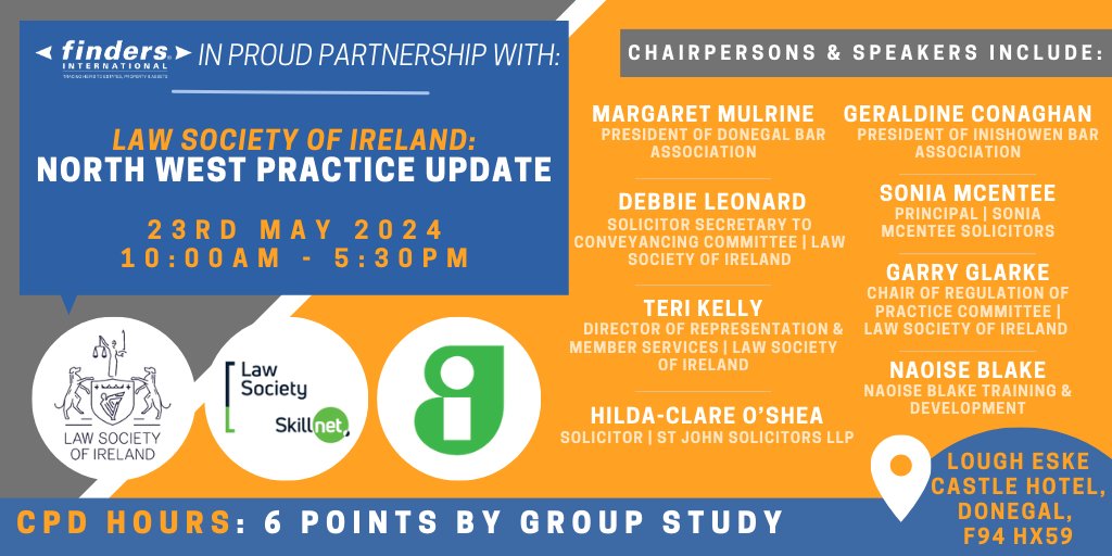 Looking forward to the @LawSocIreland #Skillnet CPD Cluster Day in #Donegal on 23rd May 👉🏽 ow.ly/euhe50RB8wU These events deliver timely, relevant training and networking opportunities throughout Ireland. Fantastic line-up of speakers 🎙️👇🏽