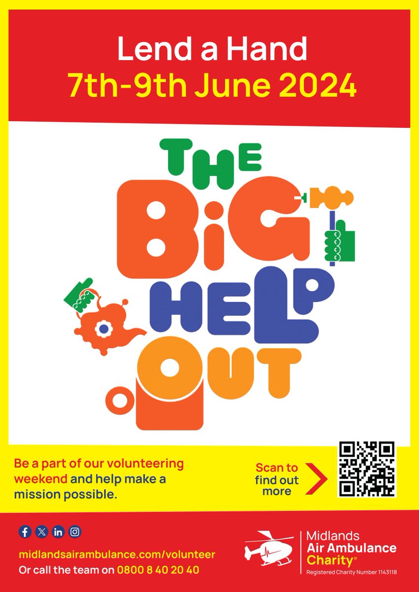 🌟 Join The Big Help Out! 🌟 🤝 Can you lend a helping hand between June 7th-9th? We need YOU! 📧 Email volunteer@midlandsairambulance.com to get involved. Be a part of our volunteering weekend and help make a mission possible. Together, we can make a difference! 🚁