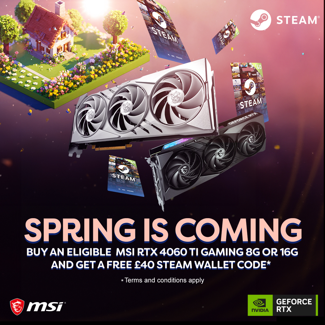 The MSI Spring sale has been extended! 🤩 Buy an eligible MSI RTX 4060 Ti from AWD-IT and cash in on a £40 Steam voucher! Offer ends 16/06/24, don't miss out! 😱 🔥SHOP NOW > tinyurl.com/y765amjd @msigaming #gamerpc #gamingsetup #gamingpc #pcgaming #gaming #msi #nvidia