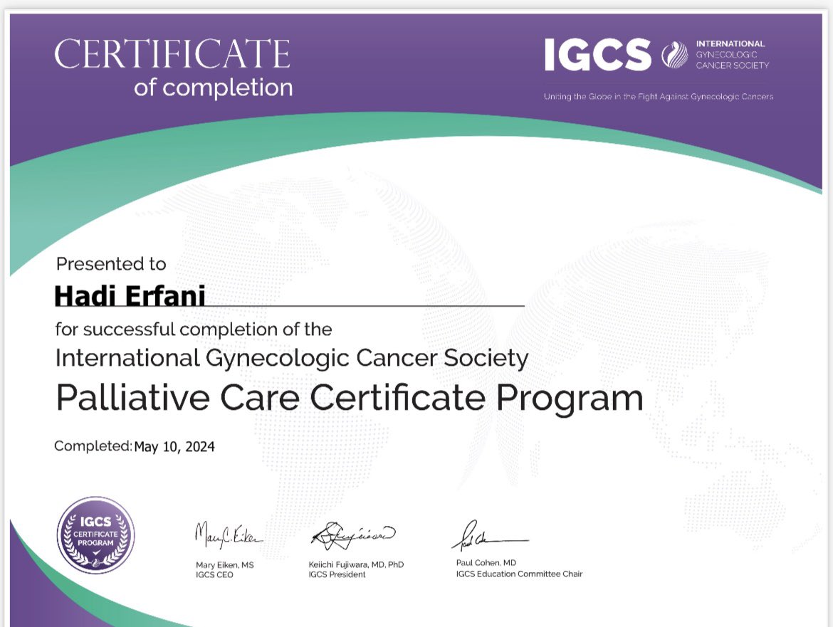 Just finished the Palliative Care Certificate Program. Learned soo much from it. Totally recommend to all my co-fellows in #gyncsm globally. Thanks to @IGCSociety for putting this resource together. 
@IJGConline @ENYGO_official @ESGO_society @MaryCEiken @keiichifujiwara