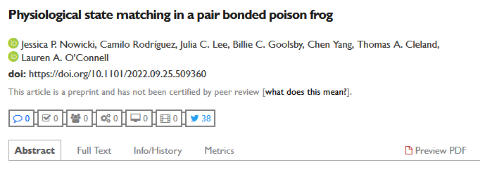 I love this study of pair bonded poison frogs biorxiv.org/content/10.110… 'Yes she's toxic, but so am I. We're a good match.'