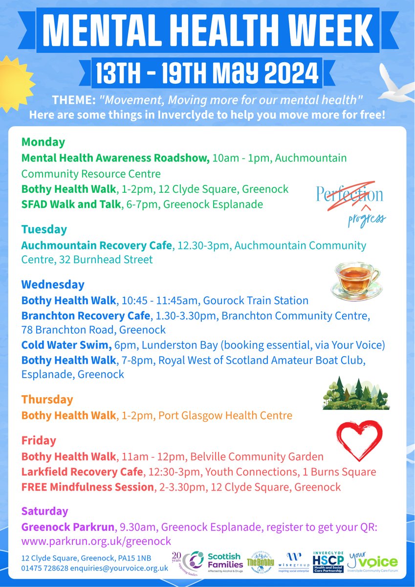 Next Week is #MentalHealthAwarenessWeek and we have loads of FREE activities to help you move more! 🥰❤️

This year's theme is 'Movement: Moving more for our mental health'😁

Get in touch on 01475 728628 or enquiries@yourvoice.org.uk

#mentalhealth #inverclyde #inverclydecares