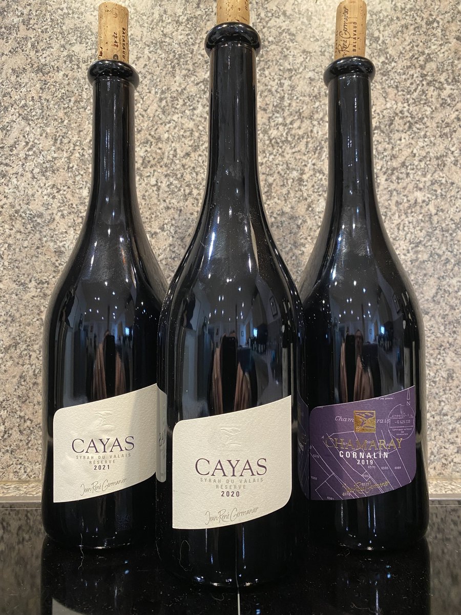 The Jean-René Germanier Syrah Valais Cayas Reserve 2020 (middle) would have no trouble standing next to a row of Cote Rotie. Originating from the Swiss side of the Rhone called Valais, this wine shares virtues of Cote Rotie: richness, warmth with fine tannins and spicy finesse.