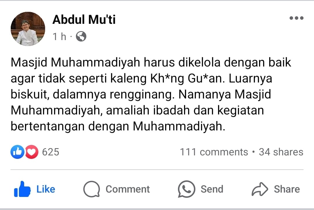 Saya jelasin maksud Prof Mu'ti. 
Masjid Muhammadiyah hari ini sudah banyak dikuasai oleh klp Salafi Wahabi, Salafi Wahabi bukan hanya berbahaya bagi MD, NU, tp berbahaya bagi Indonesia dan Islam itu sendiri.