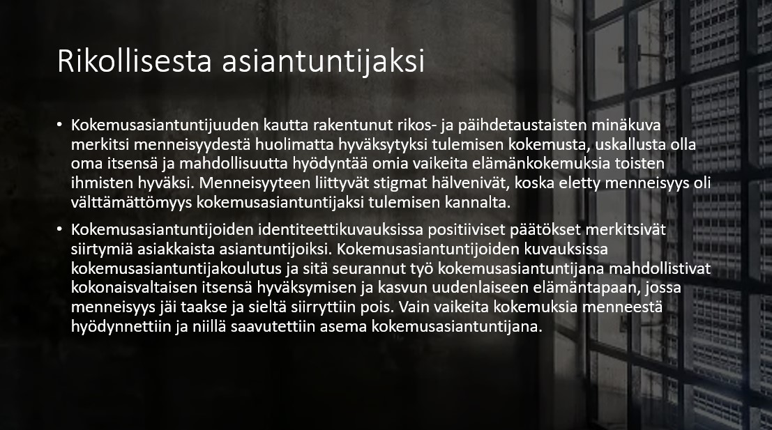 🎯@JanikaLind puheenvuoro #TUTKIMUStutuksi-tapaamisessa. Kun kaikkea ei voi toistaa, valitsen tämän: #Kokemusasiantuntijuuden kautta rakentuu minäkuva, joka mahdollistaa omien vaikeiden kokemusten hyödyntämisen toisten hyväksi 🤎. Samaa kertovat A-kiltalaiset #vertaisuudesta.