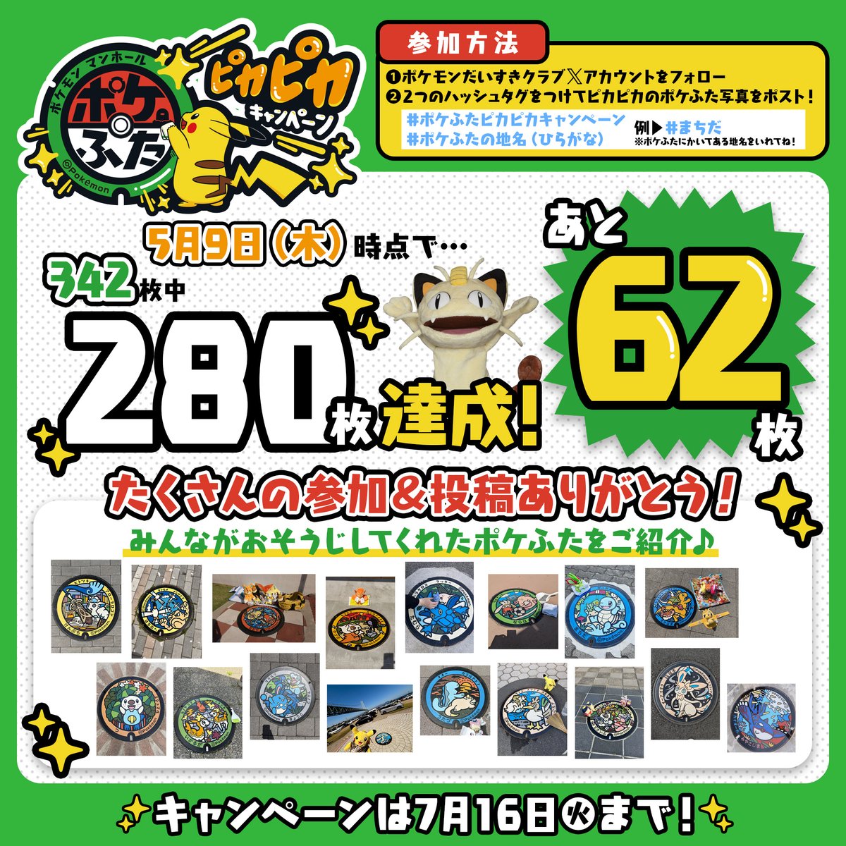 #ポケふたピカピカキャンペーン 
たくさんの参加＆投稿ありがとう！
5月9日（木）時点で280枚のポケふたがピカピカになったよ✨

目標達成まであと【62枚】👀
ツリーに残りのポケふた一覧を載せるよ❣

⚠️参加前には必ずお掃除動画と以下キャンペーンページを確認してね！
pokemon.jp/info/tsubuyaki…