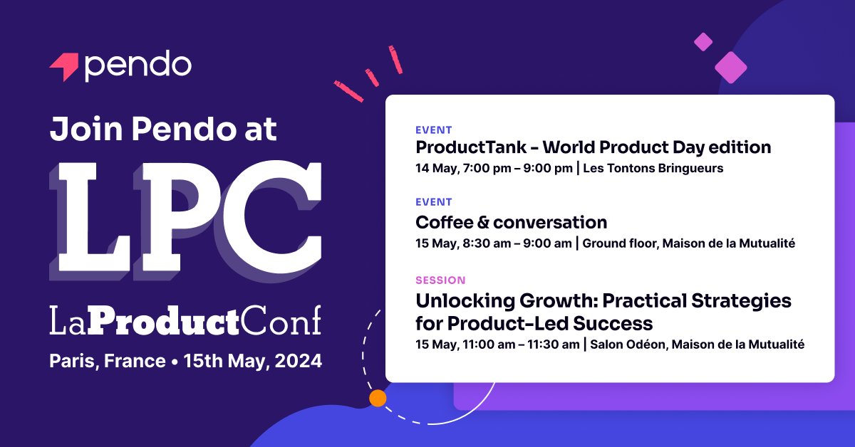 ✈️ Pendo is heading to 🇫🇷 La Product Conf Paris 2024! 🇫🇷 Don't miss Rebecca Notté's talk 'Unlocking Growth: Practical Strategies for Product-Led Success' on 15 May at 11:00 am. Check out the schedule below to learn more!