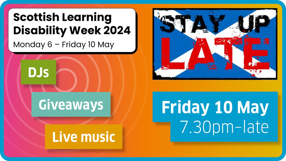 Let's celebrate! Join @StayUpLateScot tonight Friday 10 May from 7.30pm for an online party to close #ScotLDWeek24 with great music, DJs and giveaways. Let's get the party started. For the link to join email: stayuplatescotland@gmail.com