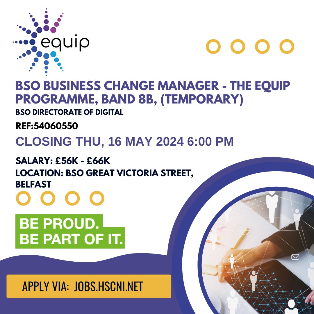 @BSO_NI Business Change Manager Band 8b (Temporary) Location: BSO Great Victoria Street, Belfast Salary: £56k - £66k Closing Date: Thu, 16 May 2024 @ 6:00 PM Temp Until: 01 Sep 2026 For more information and to apply: jobs.hscni.net/Job/32438/bsob… #BSO #hscjobs #hscni #equip #Belfast