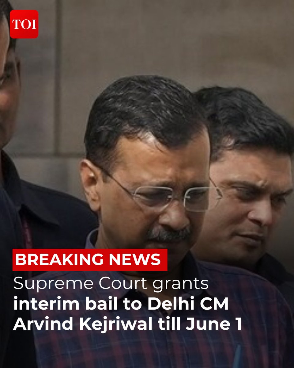 Delhi CM #ArvindKejriwal gets interim bail till June 1 Kejriwal pleaded to grant him bail till counting of votes but Supreme Court rejected his plea and directed him to surrender on June 2. Follow Live Updates: toi.in/moz_Zb