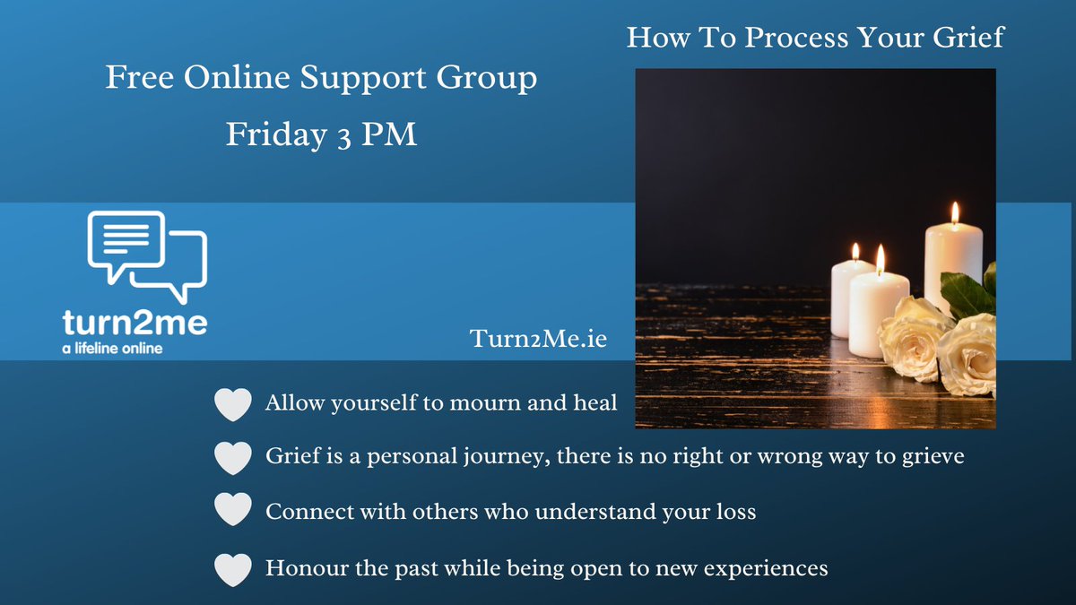 Our online grief support group is on Fridays at 3pm! We offer a safe, anonymous & confidential place to seek the support you need. Sign up at Turn2Me.ie #grief #support #alifelineonline #mentalhealth