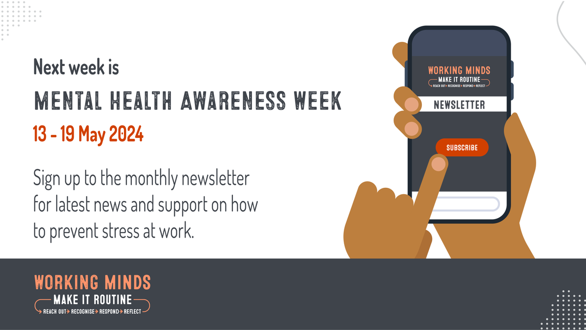 Next week is Mental Health Awareness Week.

Sign up to the Working Minds  monthly newsletter for latest news and support in how to prevent stress at work 

Register here: public.govdelivery.com/accounts/UKHSE…

#WorkStress
#StressAwareness
#MentalHealthAwarenessWeek