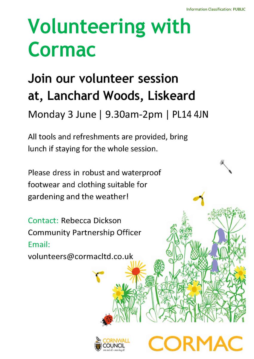 Come and volunteer with us! We'll be at Lanchard Woods, Liskeard on Monday 3 June from 9.30am until 2.00pm. All tools will be provided, for more information please contact Rebecca at volunteers@cormacltd.co.uk #teamwork #environment #nature #volunteering #communities