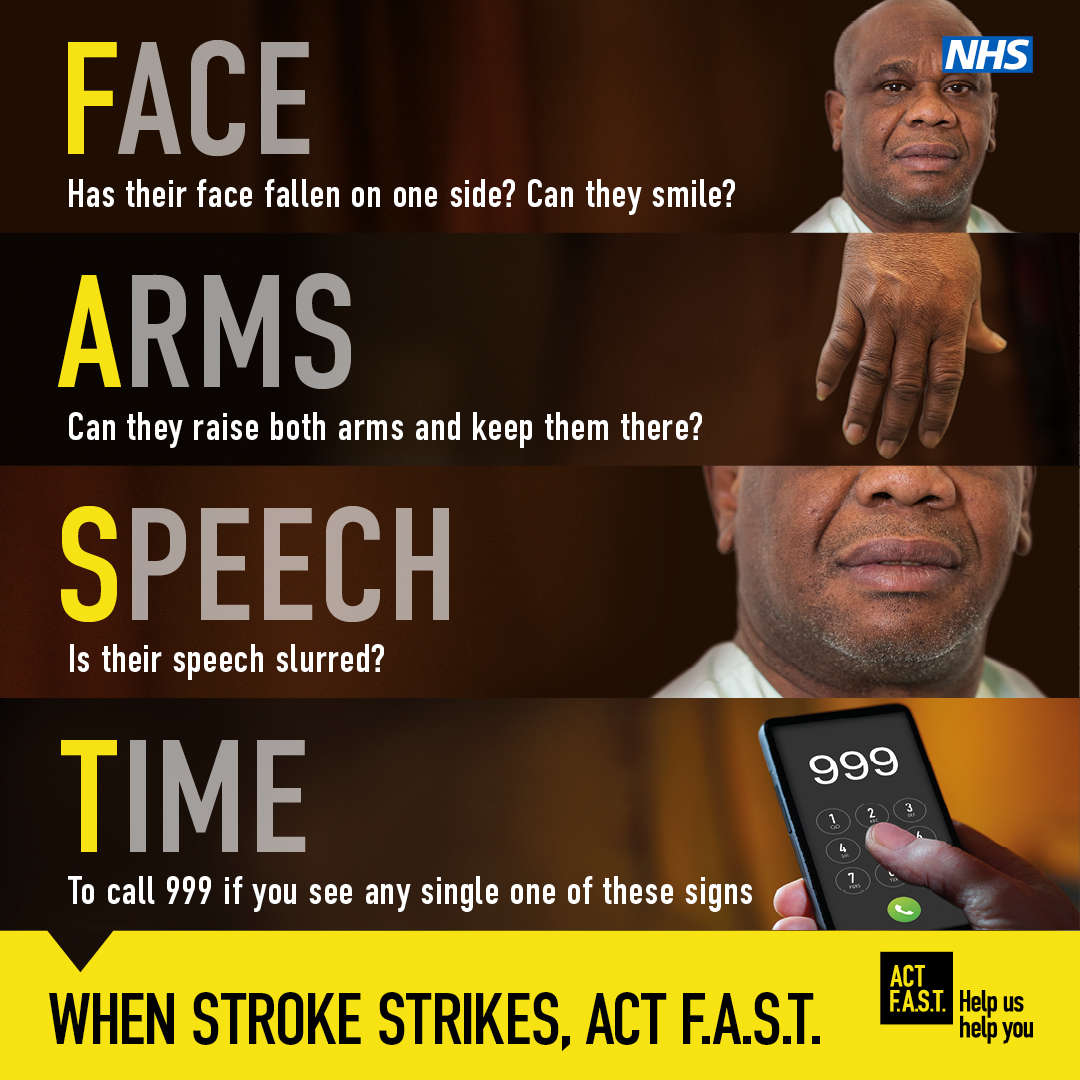 This #StrokeAwarenessMonth, remember F.A.S.T for the signs of a stroke: 😕 Face – has their face fallen on one side? Can they smile? 💪 Arms – can they raise both arms and keep them there? 🗣 Speech – is it slurred? ⏰ Time to call 999. Spotting the signs could save a life!