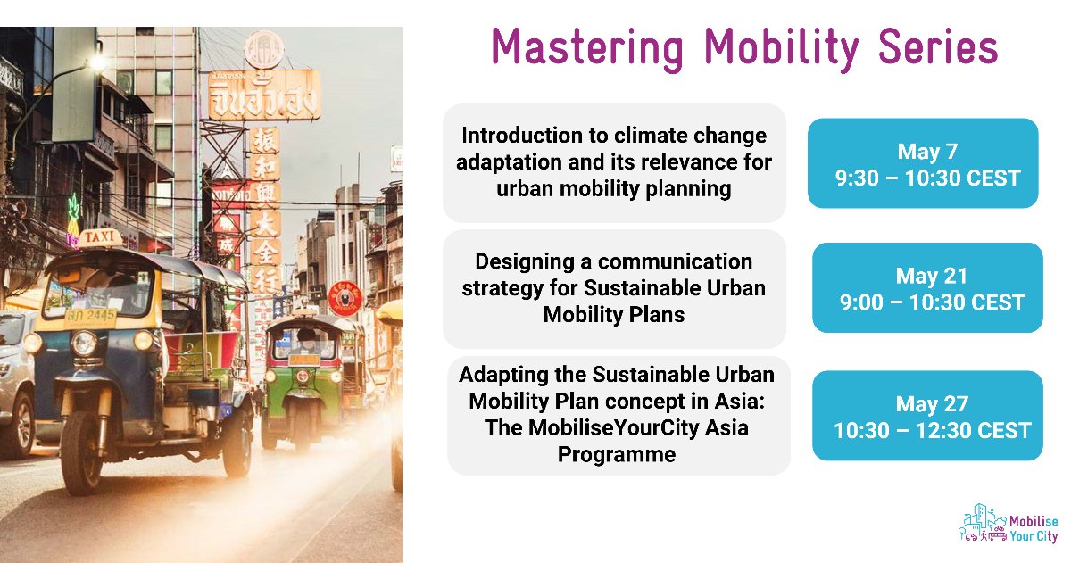 📅 Save the dates! In May, we're hosting 2 essential training sessions on sustainable mobility: 📣 May 21: bit.ly/3Wv69bf 🌏 May 27: bit.ly/4bnAc9a Don't miss out on these valuable learning opportunities! #SustainableMobility #CapacityBuilding
