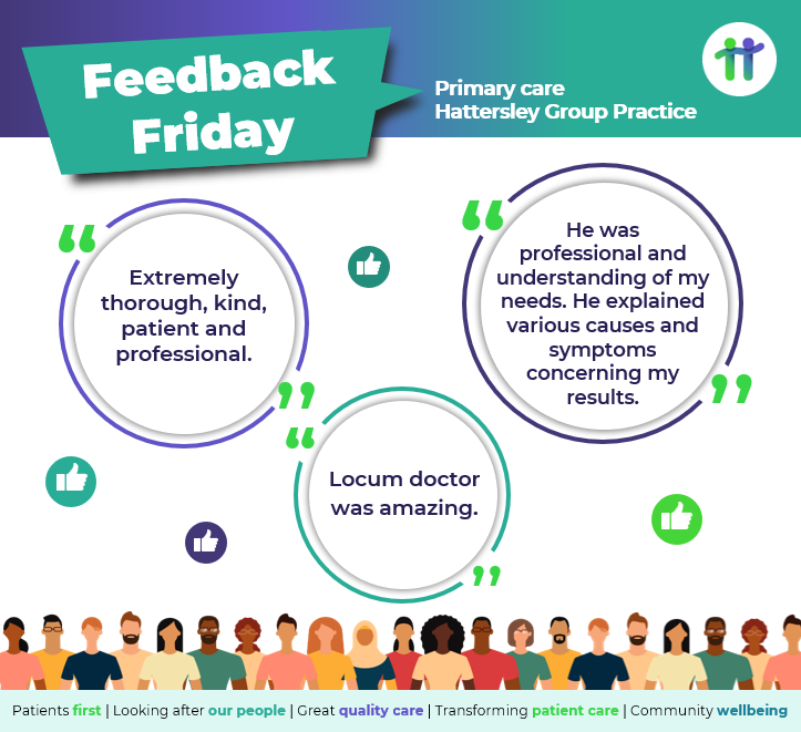 This #FeedbackFriday we share fantastic positive feedback from patients registered with Hattersley Group Practice. 

#PrimaryCare #GreatQualityCare #PutPatientsFirst #LeadTheWayInTransformingPatientCare #ContributeToTheWellbeingOfLocalCommunities