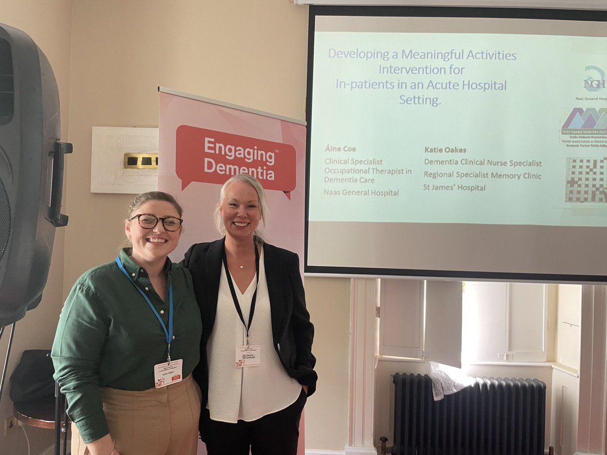 Excellent presentation from Aine and Katie highlighting the need for meaningful activities for people living with dementia admitted to acute care to promote wellbeing, decrease distress and reduce deskilling in NGH.well done #16thinternationaldementiaconference