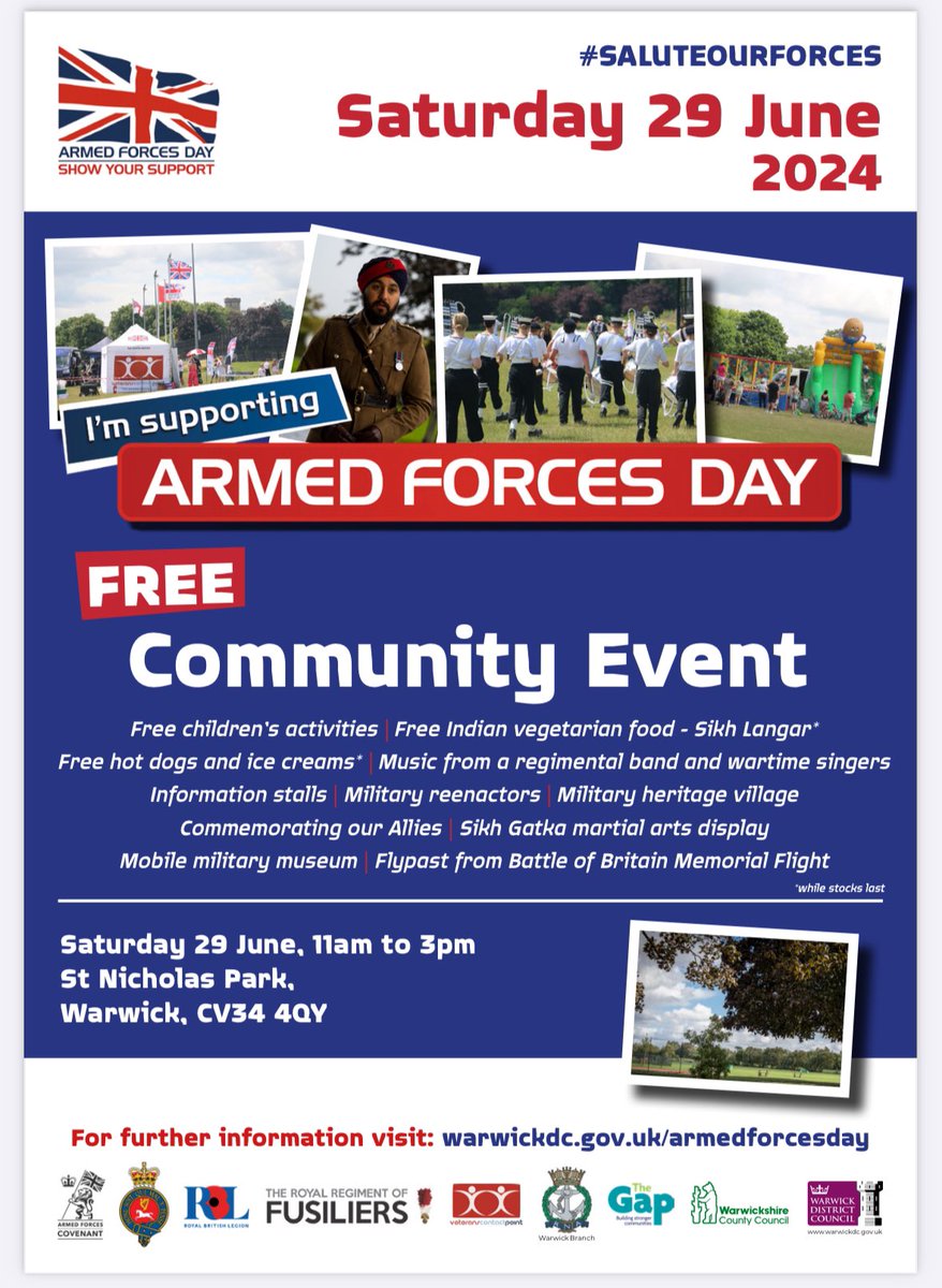 Armed Forces Day is on Sat 29 June at St Nicholas Park, Warwick. Privileged to help organise & promote the community event this year celebrating “Our Allies” from across the Commonwealth who fought for the freedoms we cherish today. More details via warwickdc.gov.uk/events/event/3…