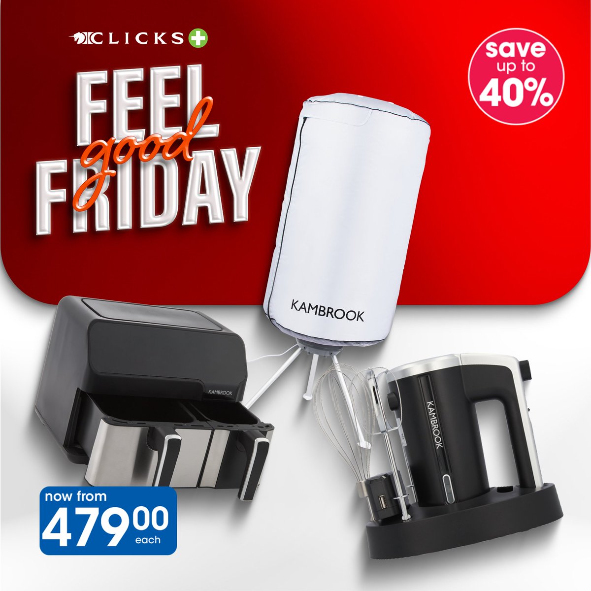 Upgrade your home for less! Enjoy up to 40% OFF on a range of sleek and efficient Kambrook appliances. Don't miss out on transforming your space with top quality gear at prices that will make you feel good. Available online only. > bit.ly/3wwfmpq #FeelGoodFriday