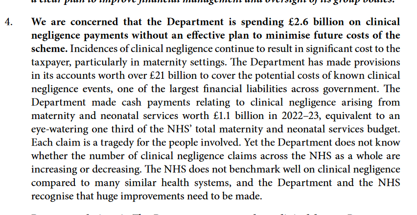 Shocking figure from today's Public Accounts Committee report - the health department spent £1.1bn on maternity clinical negligence claims, equivalent to a third of the total maternity services budget