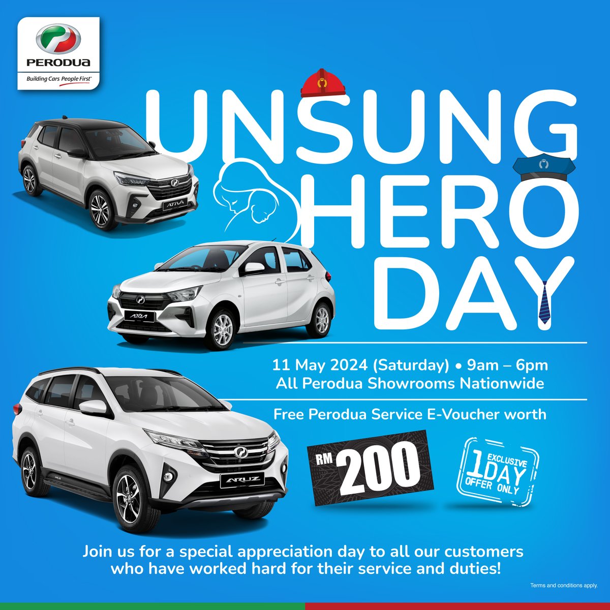 Perodua Unsung Heroes Day is almost here🎉 It's tomorrow!

Join us for a day packed with fun activities and exclusive deals as we celebrate YOU, our incredible Perodua customers! See you there, from 9am to 6 pm!

#Perodua #UnsungHeroes #CustomerDay