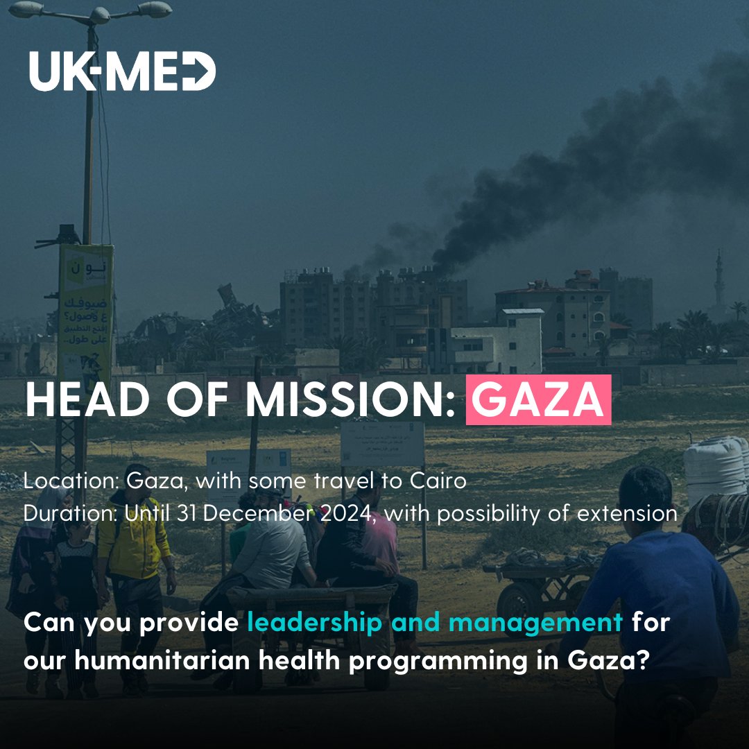 🚨 We are recruiting! Are you an experienced #humanitarian leader who can manage our #health programming in #Gaza? If so, we want to hear from you.

⬇️Apply by the 17th of May
uk-med.org/vacancies/head…