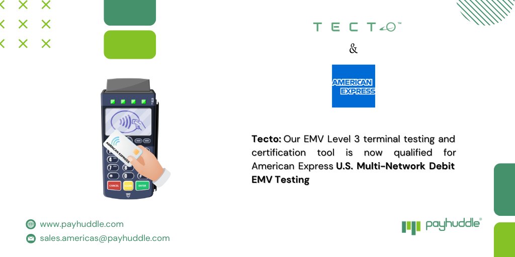 Payhuddle's tweet photo. 𝗧𝗲𝗰𝘁𝗼 𝗛𝗶𝘁𝘀 𝗔𝗻𝗼𝘁𝗵𝗲𝗿 𝗠𝗶𝗹𝗲𝘀𝘁𝗼𝗻𝗲!  After qualifying for Amex Global AEIPS and ExpressPay EMV terminal end-to-end testing and certification, Tecto is now qualified for Amex 𝗨.𝗦. 𝗠𝘂𝗹𝘁𝗶-𝗡𝗲𝘁𝘄𝗼𝗿𝗸 𝗗𝗲𝗯𝗶𝘁 𝗘𝗠𝗩 𝗧𝗲𝘀𝘁𝗶𝗻𝗴.  

#amex #payments https://t.co/cfbeAsxK2C
