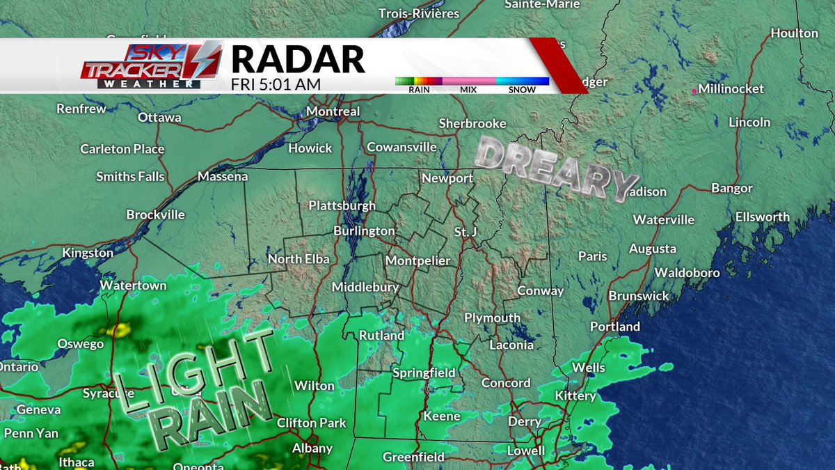 RADAR [as of 5a] 📡 A system sliding south of the North Country and Upper Valley continues to deliver very light rain showers/sprinkles to southern Vermont. 👉 Join us on #ABC22 from 5-7a as we discuss a cooler and still unsettled Mom's Day weekend ahead. TGIF!🙌 @WVNYWFFF