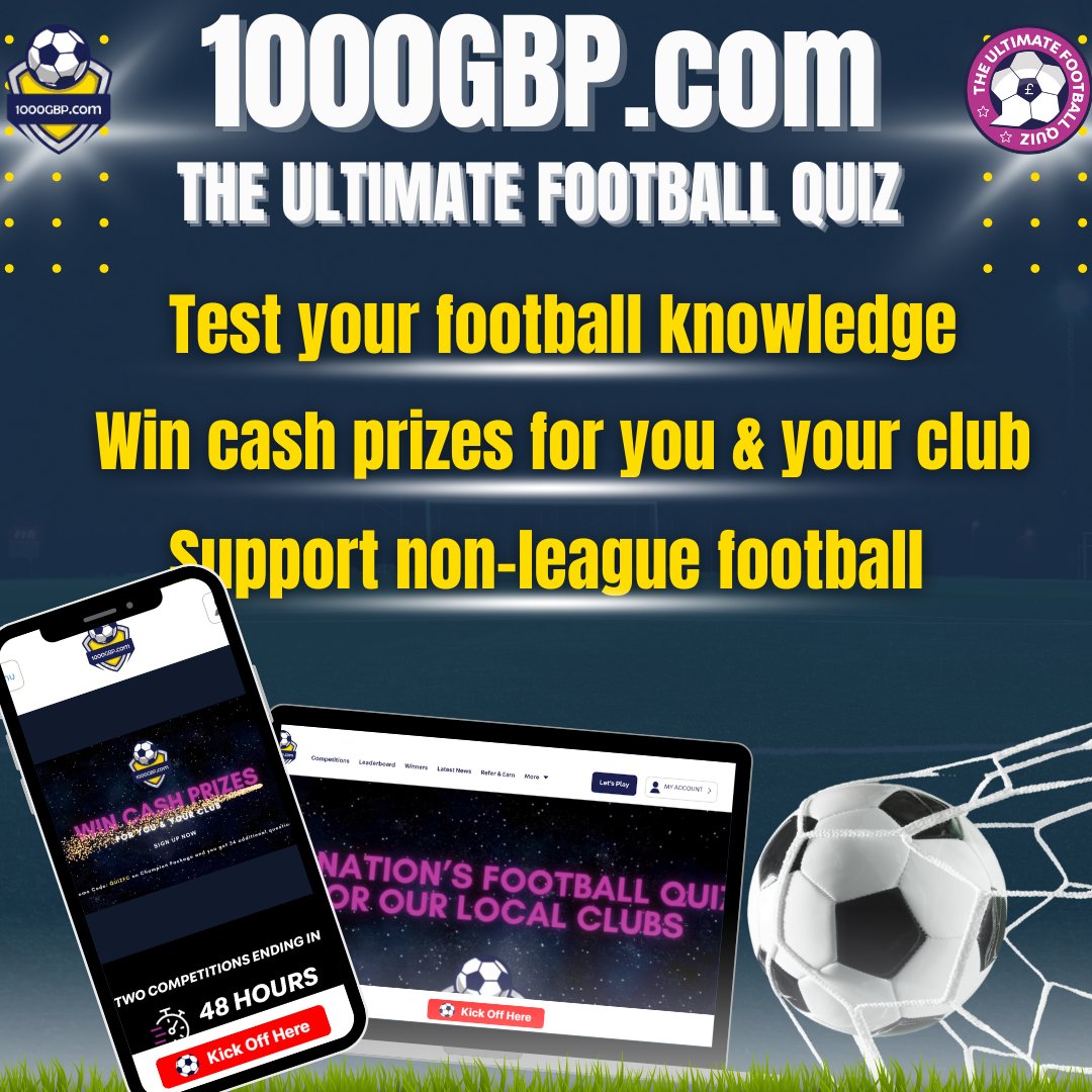 Kick off the Ultimate Football Quiz experience at 1000GBP.com! Win cash prizes every day! Join us now and score up to £1000 in prizes! Find out more at 1000GBP.com. ⚽️📷 #FootballQuiz #WinBig #FootballFans #CashPrizes #TriviaTime #1000GBP