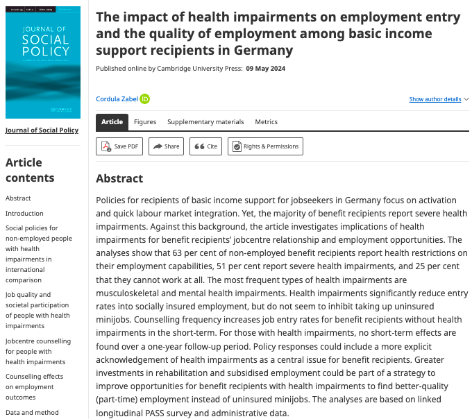 New on #FirstView by Cordula Zabel: The impact of health impairments on employment entry and the quality of employment among basic income support recipients in Germany cambridge.org/core/journals/…