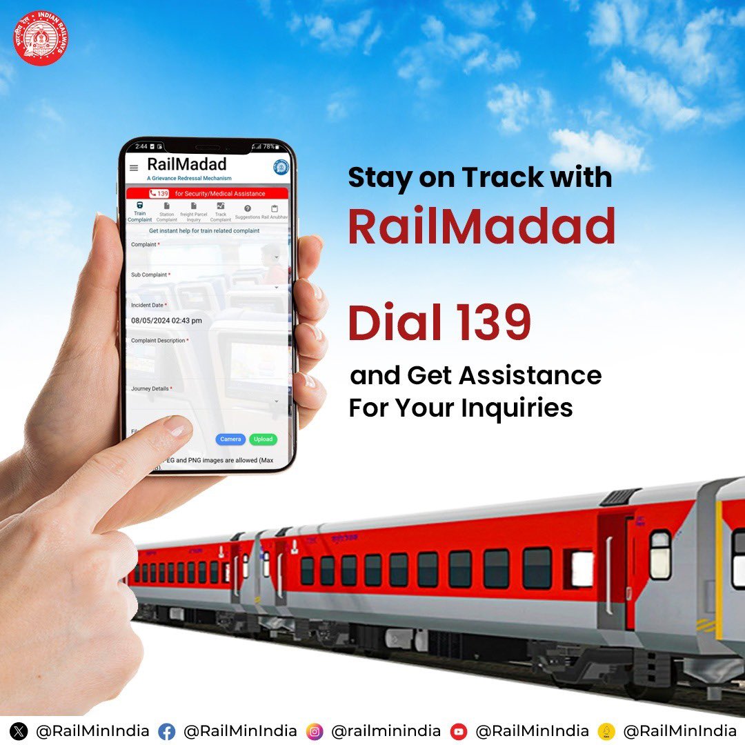 Train journeys have never been easier! Dial 139 for assured #RailMadad. Download iOS: apps.apple.com/in/app/railmad… Playstore: play.google.com/store/apps/det…