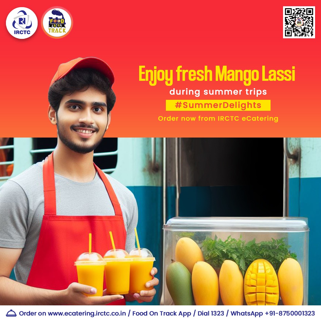 Travelling during summer? ☀️ Enjoy fresh and cool Mango Lassi from IRCTC eCatering. 🥭🥤 🌐Click on ecatering.irctc.co.in 👉Install #FoodOnTrack app 📞1323/WhatsApp +91-8750001323 #trainfood #foodintrain #SummerDelights #orderandrelax #orderfoodonline