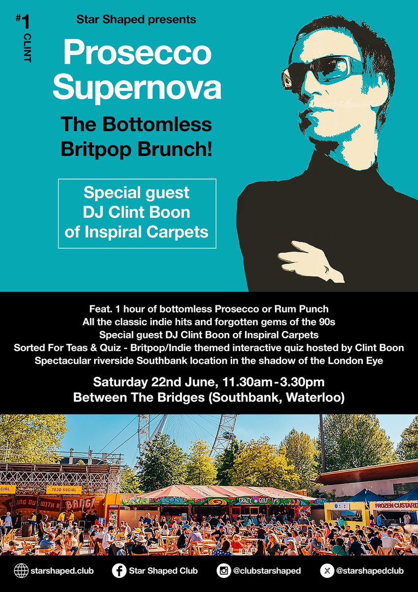 🚨 Prosecco Supernova - June 🚨 Bottomless brunch with @therealboon! Prosecco Supernova - the daytime 90s indie party for those that want to party like it’s 1995 but get home at a sensible hour… Tickets on sale now: dice.fm/event/l8aagb-s…