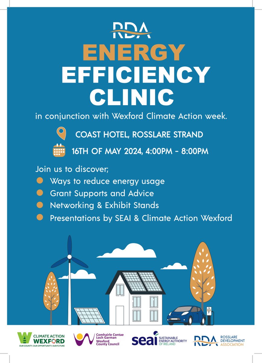 Rosslare Community Development Group hosts a drop-in Energy Clinic for homeowners and community groups to provide advice on energy savings, retrofit upgrades & accessing funding on Thursday 16 May (4pm-8pm) at Coast Hotel, Rosslare Strand Y35Y93X. No booking required.