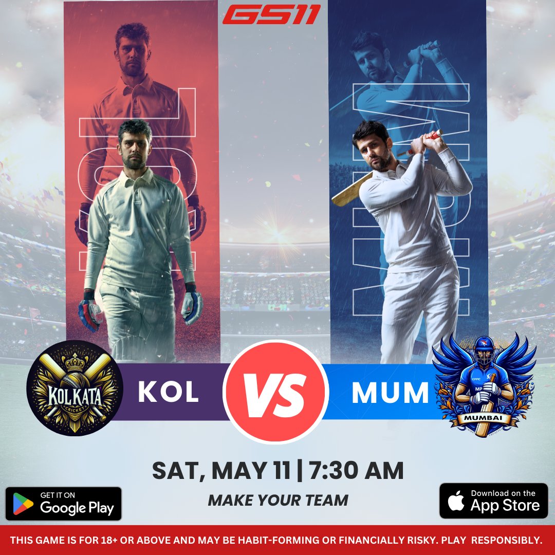 Get ready for a thrilling showdown as Kolkata takes on Mumbai! 🏏 Who will dominate the pitch today? Set your GS11 teams now and join the excitement! #KOLvsMUM #CricketFever #GS11