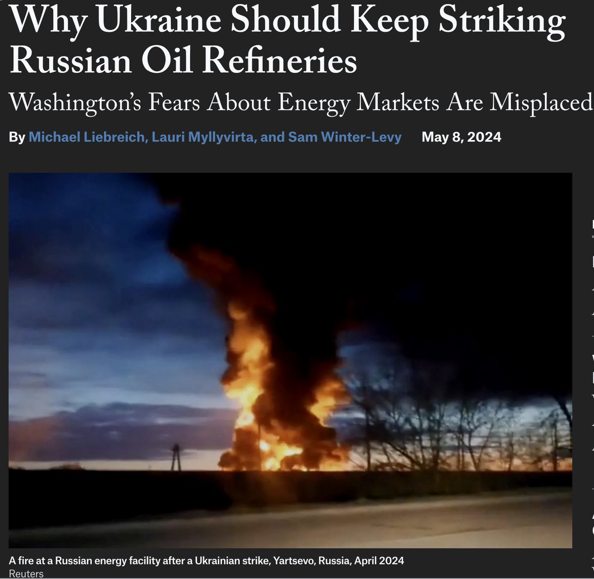 Just like I predicted and assessed the Ukrainian air campaign against Russia's oil refining industry as being extremely effective, the magazine 'Foreign Affairs' confirms my assessment. Hitting Russian refining infrastructure only brings benefits with little or even no risks.…