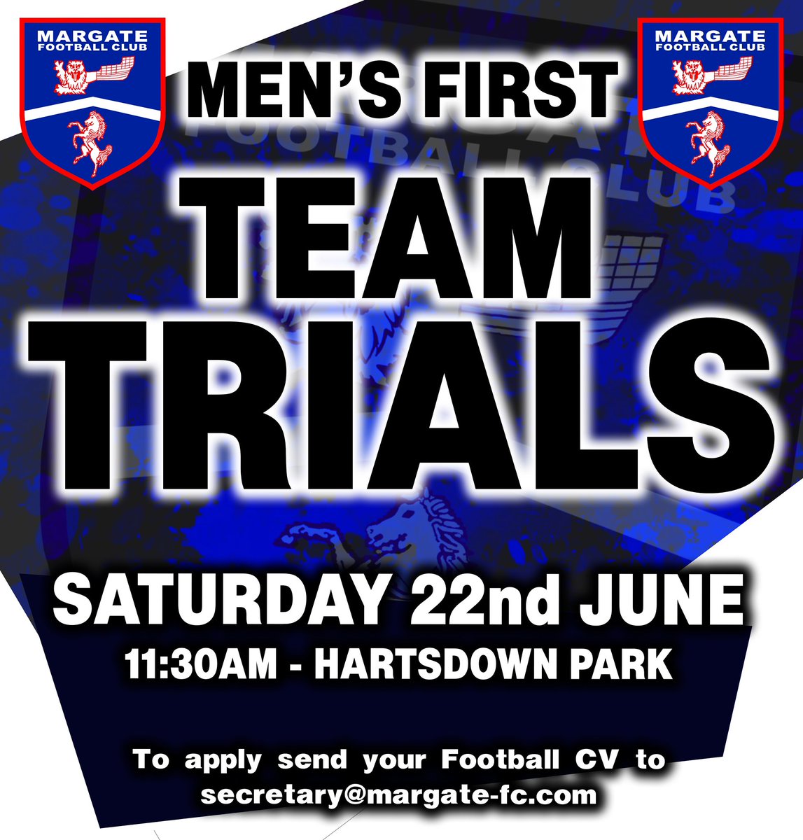 OPEN TRIAL ⚽️ We are delighted to confirm the date for our first team open trial on Saturday the 22nd of June, starting 11:30am at Hartsdown Park! 🗓️🏟️ To be invited to the trial, please email your footballing CV to our club secretary at secretary@margate-fc.com 📧 #UpTheGate