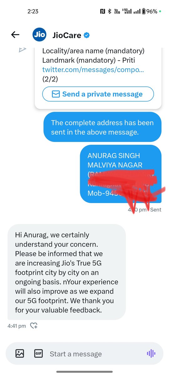 @JioCare Even after repeated msg the prblm is not being resolved, only my address is being taken from me again and again and no contact is being made by Jio team. If the prblm is not resolved by this evening, I will mail it to Mukesh Ambani ji.