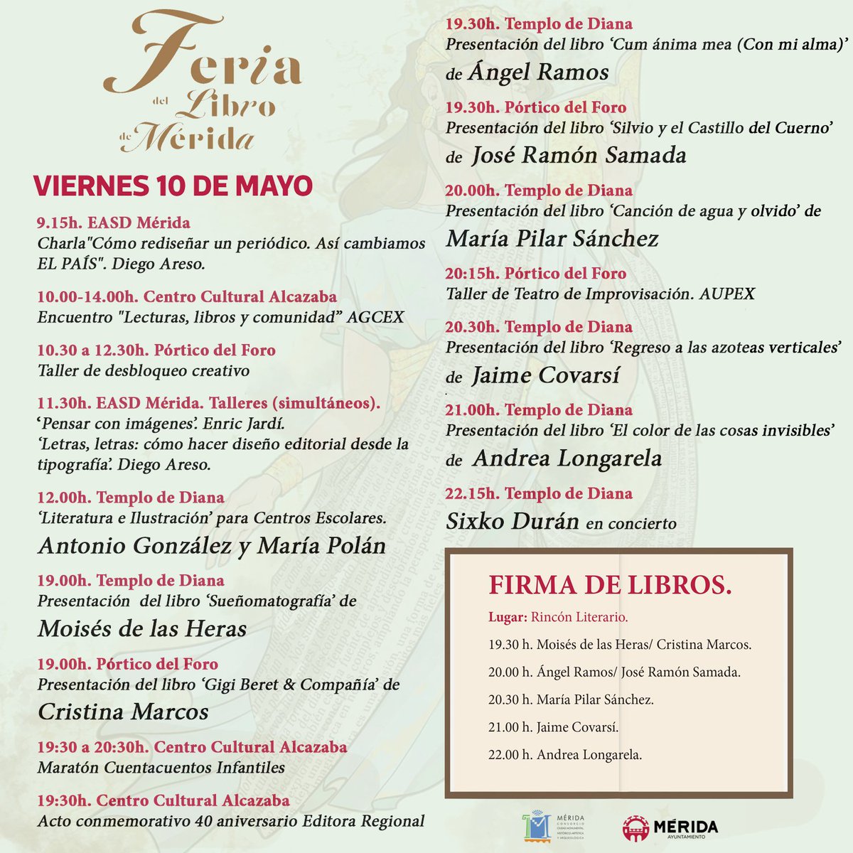 📖 Programación de hoy viernes 10 de mayo de la #FeriaLibroMérida2024 Programa completo 👉 bit.ly/FeriaLibroMeri… @ayto_merida